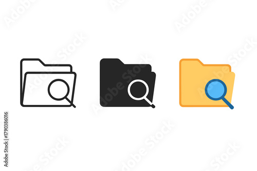 Minimalist Folder Icons. Minimalist search folder icon: three identical folders with a small magnifier in a row, first in line