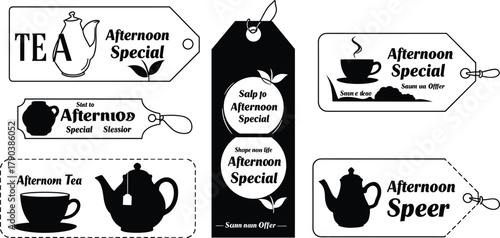 Afternoon tea label design, vintage tea tag, black and white tea sticker, teacup illustration, café branding, tea promotion