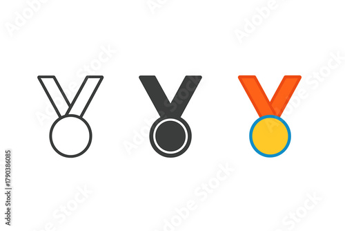 Stylized Marathon Medals. Minimalist medal icon: three identical marathon medals in a row, first in line style with thin outline,