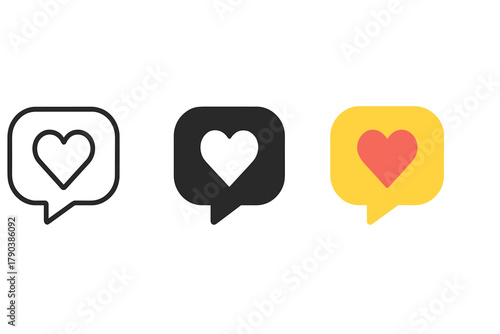 Therapy Tool Icons. Minimalist therapy tools icon: three identical speech bubble with heart icons in a row, first in line style