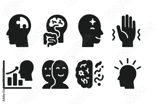 Neurological Icons Collection. Solid style icons of FMT for neurological disorders: autism spectrum icon, gut-brain wire, anxiety