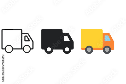 Minimalist Delivery Trucks. Minimalist truck icon: three identical delivery trucks in side view in a row, first in line style with