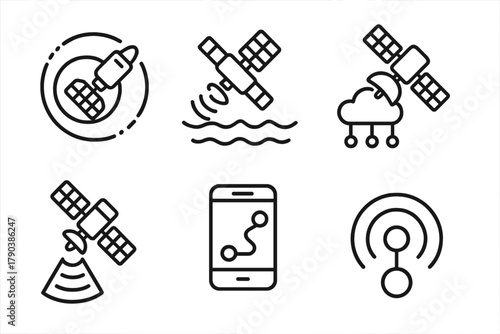 Satellite Systems Icons. Line style icons of satellite systems: orbiting control satellite, sea-to-space signal, cloud network