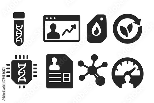 Nutrigenomic Biomarkers Icons. Solid style icons of nutrigenomic biomarkers: blood test icon with gene, health indicator chart,