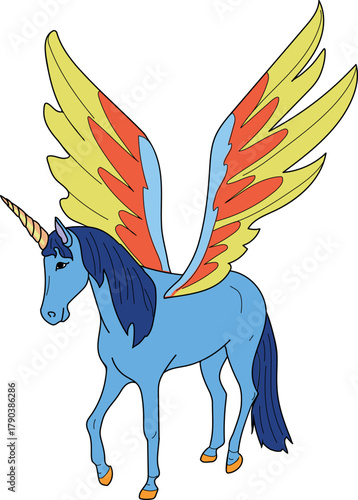 Blue unicorn with wings isolated on white background