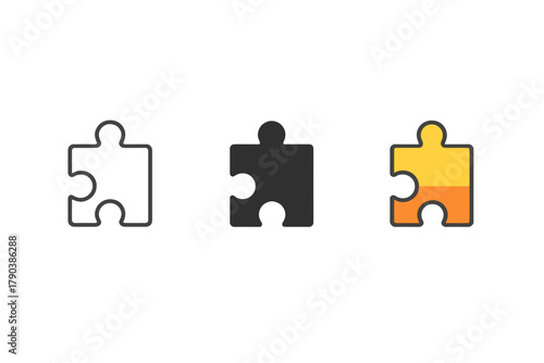 Puzzle Progress Icons. Minimalist completion progress icon: three identical partially completed puzzle icons in a row, first in