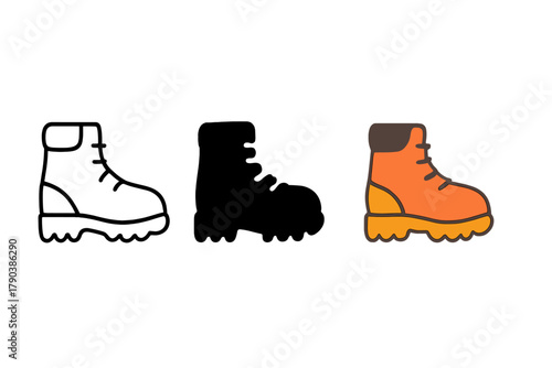 Minimalist Hiking Boot Icon. Minimalist hiking boot icon: three identical hiking boot icons in a row, first in line style with