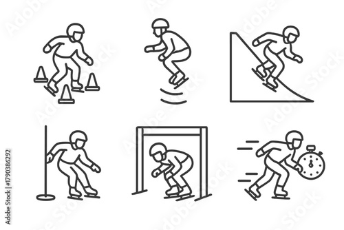 Ice Training Icons. Line style icons of ice cross training: cone slalom drills, jump technique practice, indoor ramp icon, agility