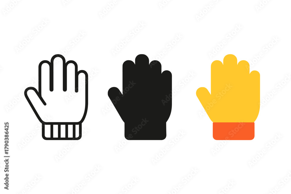 Obraz premium Winter Gloves Icons. Minimalist safety gloves icon: three identical winter gloves in a row, first in line style with thin outline,