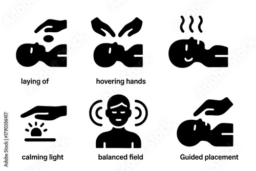 Energy Healing Icons. Solid style icons of energy healing process: Laying of Stones, Hovering Hands, Vibrational Lines, Focused