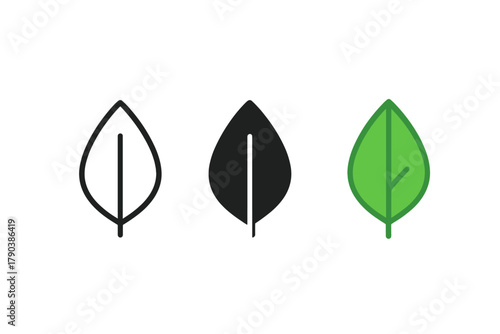 Minimalist Leaf Trio. Minimalist leaf icon: three identical single leaves with central vein in a row, first in line style with
