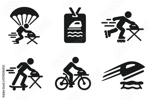 Dynamic Ironing Icons. Solid style icons of ironing during motion: ironing while skydiving, wind tunnel press badge, rollerblade