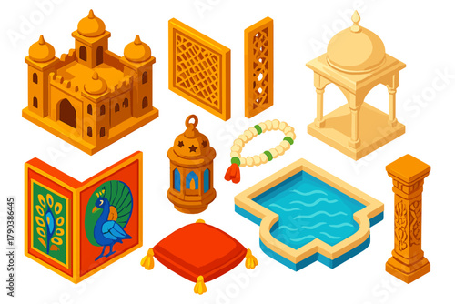 Indian Cultural Heritage. Isometric vector illustration set Cultural heritage – Indian palace diwan, jali screen, marble pavilion;