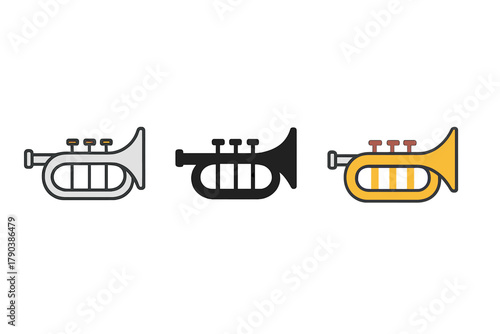 Trumpet Icon Variations. Minimalist trumpet icon: three identical trumpets in side view with bell opening in a row, first in line