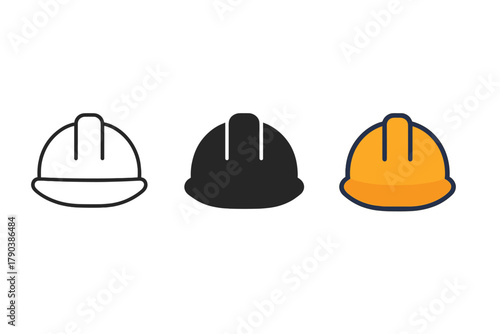 Diverse Helmet Styles. Minimalist safety helmet icon: three identical excavation safety helmets in a row, first in line style with
