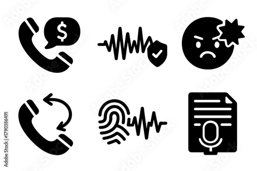 Forensic Linguistics Icons. Line style icons of Forensic Linguistics: phone scam speech icon, fraud detection waveform, emotional