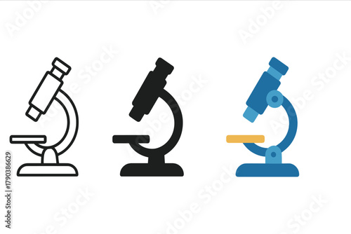 Microscope Icon Trio. Minimalist microscope icon: three identical microscopes in side view in a row, first in line style with thin