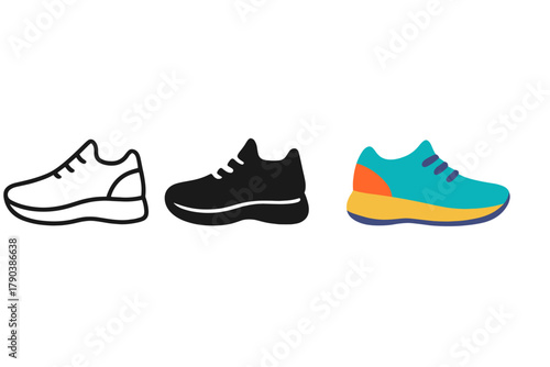 Marathon Shoe Evolution. Minimalist running shoe icon: three identical marathon running shoes in a row, first in line style with