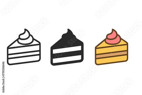 Minimalist Cake Icons. Minimalist cake icon: three identical slice of cake icons in a row, first in line style with thin outline,