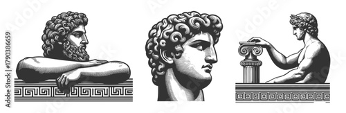 classical Greek male figures, showing idealized features, curly hair, and ancient symbolism Set collection bundle sketch engraving generative ai vector illustration. Scratch board. Black and white.