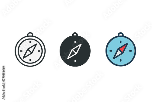 Minimalist Compass Icons. Minimalist compass icon: three identical compass icons in a row, first in line style with thin outline,