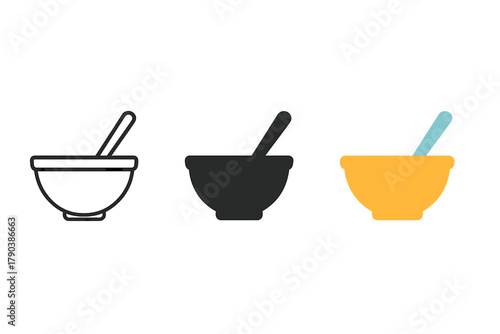 Mixing Bowl Evolution. Minimalist mixing bowl icon: three identical mixing bowls with spoons in a row, first in line style with
