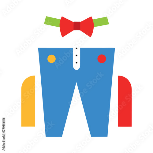Colorful, cartoonish icons of blue trousers, a white shirt, a brown belt, and a red bow tie, all on a white background.