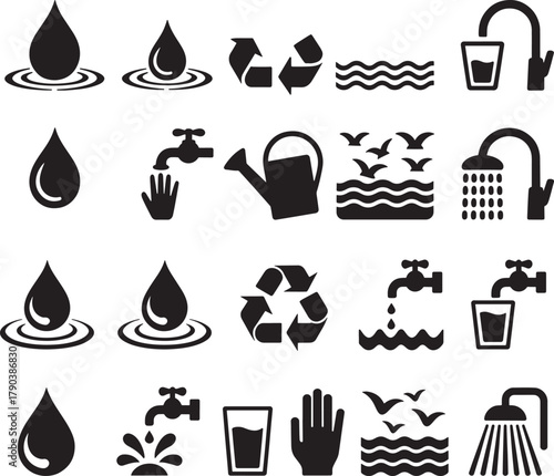 Collection of Water Related Black and White Icons for Creative Projects