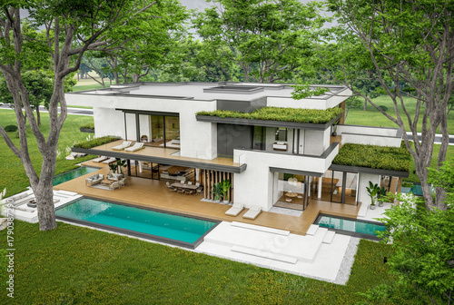 3d rendering of two-story house with parking and pool for sale or rent with concrete facade and beautiful landscaping. Cloudy white sky overcast, soft shadows