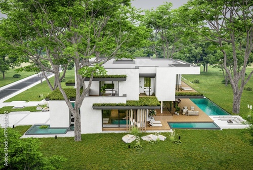 3d rendering of two-story house with parking and pool for sale or rent with concrete facade and beautiful landscaping. Cloudy white sky overcast, soft shadows