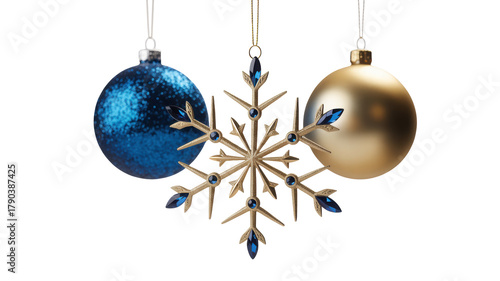 Three festive christmas ornaments including a sparkling snowflake and two shiny baubles hanging isolated on transparent background