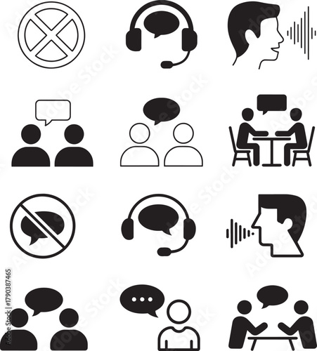Communication and interaction icons representing conversation dialogue and signal reception