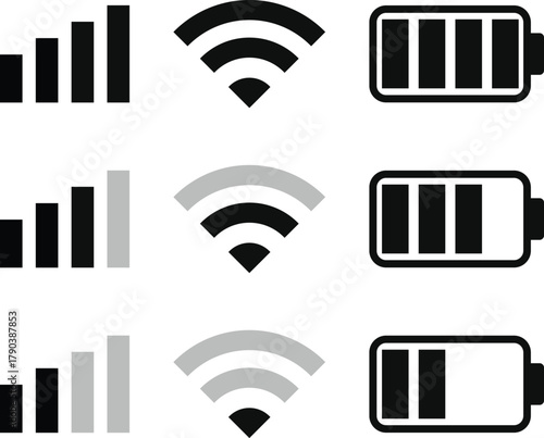 wifi, Signal strength and battery icon. Mobile Device Status Icons. Battery Capacity and Signal Icons
