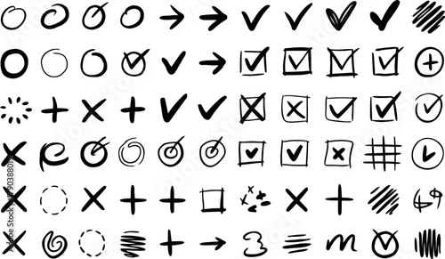 Collection of hand drawn check marks crosses circles arrows and other symbols in black and white
