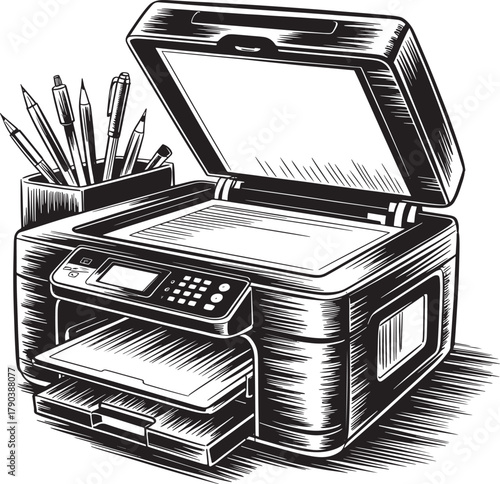 Detailed black and white illustration of an open office printer machine