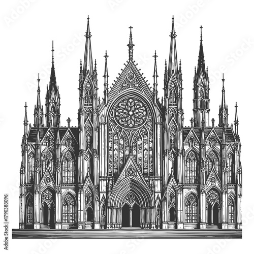 grand gothic cathedral with intricate architectural details, pointed arches, and rose window sketch engraving generative ai fictional character vector illustration. Scratch board. Black and white.