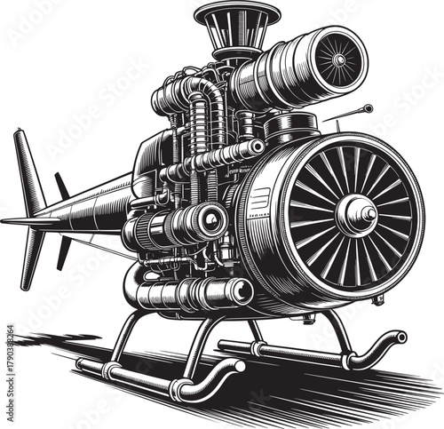 Detailed steampunk style helicopter illustration with intricate mechanical details