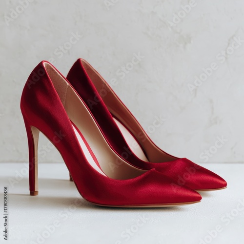 Elegant red high heels with pointed toes and stiletto heels, displayed on a minimalist surface, showcasing fashion design and luxury footwear aesthetics