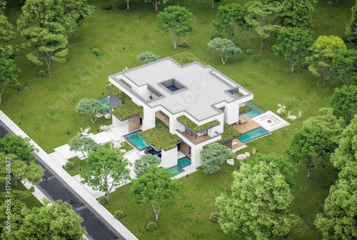 3d rendering of two-story house with parking and pool for sale or rent with concrete facade and beautiful landscaping. Cloudy white sky overcast, soft shadows