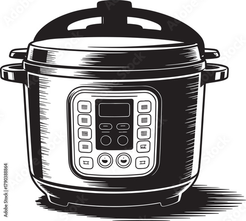 Electric pressure cooker illustration in black and white digital art