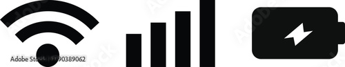 wifi, Signal strength and battery icon. Mobile Device Status Icons. Battery Capacity and Signal Icons
