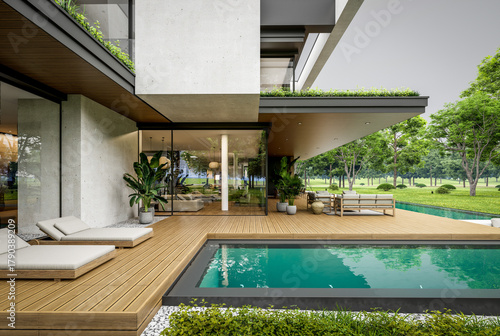 3d rendering of two-story house with parking and pool for sale or rent with concrete facade and beautiful landscaping. Cloudy white sky overcast, soft shadows