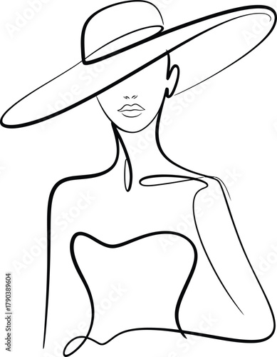 Elegant woman in wide brim hat line art fashion style