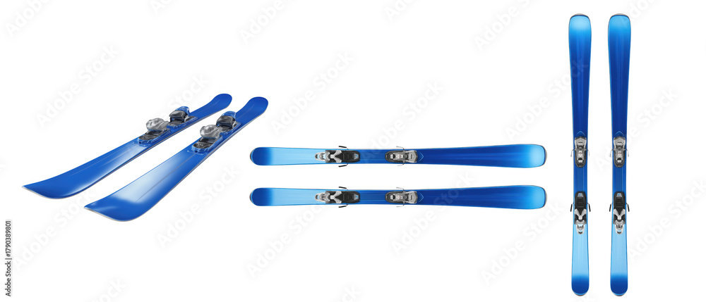 Naklejka premium Two pairs of blue skis with bindings on white, created AI, PNG