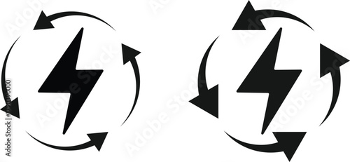 Lightning bolt with circular arrow icon. Power Reload Symbols. Electric power loop graphic designs. System refresh and energy loop signs
