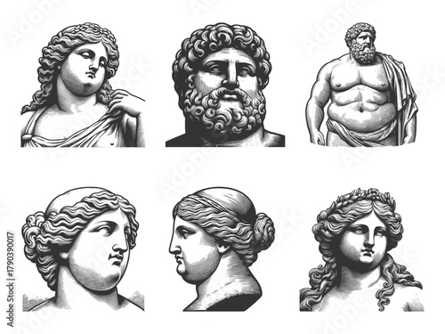 overweight ancient Greek and Roman male and female statues Set collection bundle sketch engraving generative ai vector illustration. Scratch board imitation. Black and white image.