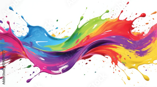 Rainbow wave of colorful paint splash. Bright rainbow paint swirls across a white background. 