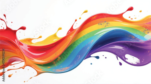 Rainbow wave of colorful paint splash. Bright rainbow paint swirls across a white background. 