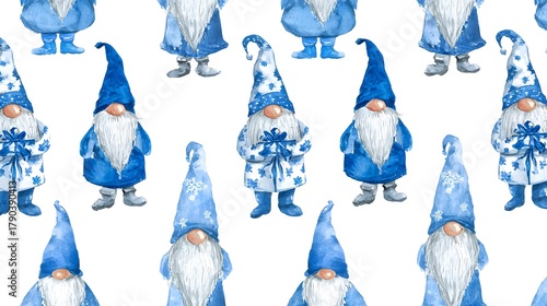 Watercolor Christmas pattern with a blue gnome ona  white background. Watercolor illustration with cute gnomes.