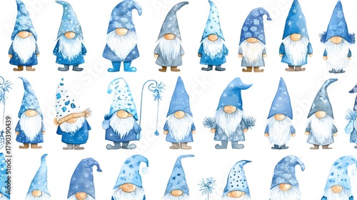 Watercolor Christmas pattern with a blue gnome ona  white background. Watercolor illustration with cute gnomes.